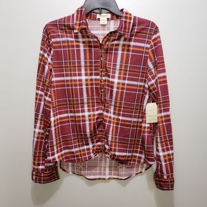 Passport Lightweight Flannel Design Tie Front Top NWT!